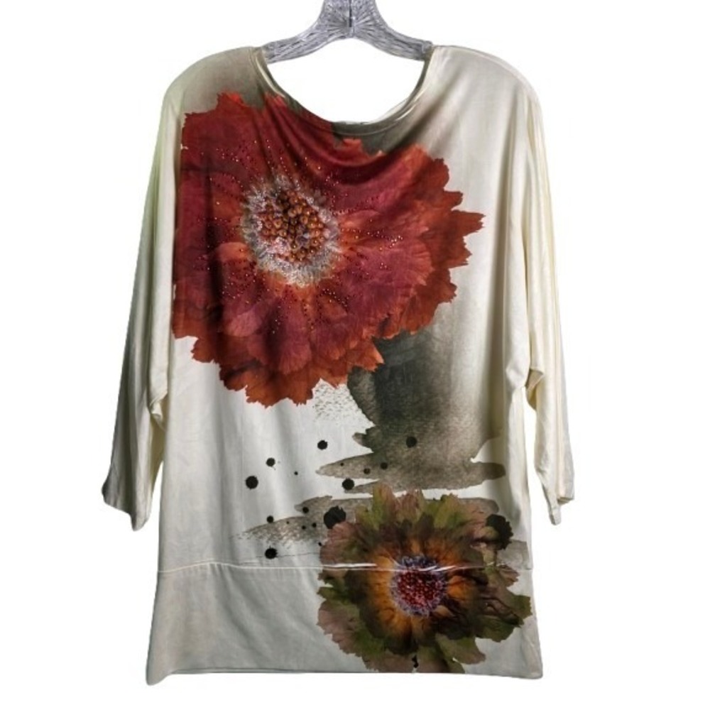 Dressbarn Womens Small Cream‎ Floral Beaded Oversized 3/4 Sleeve Top RN 123807